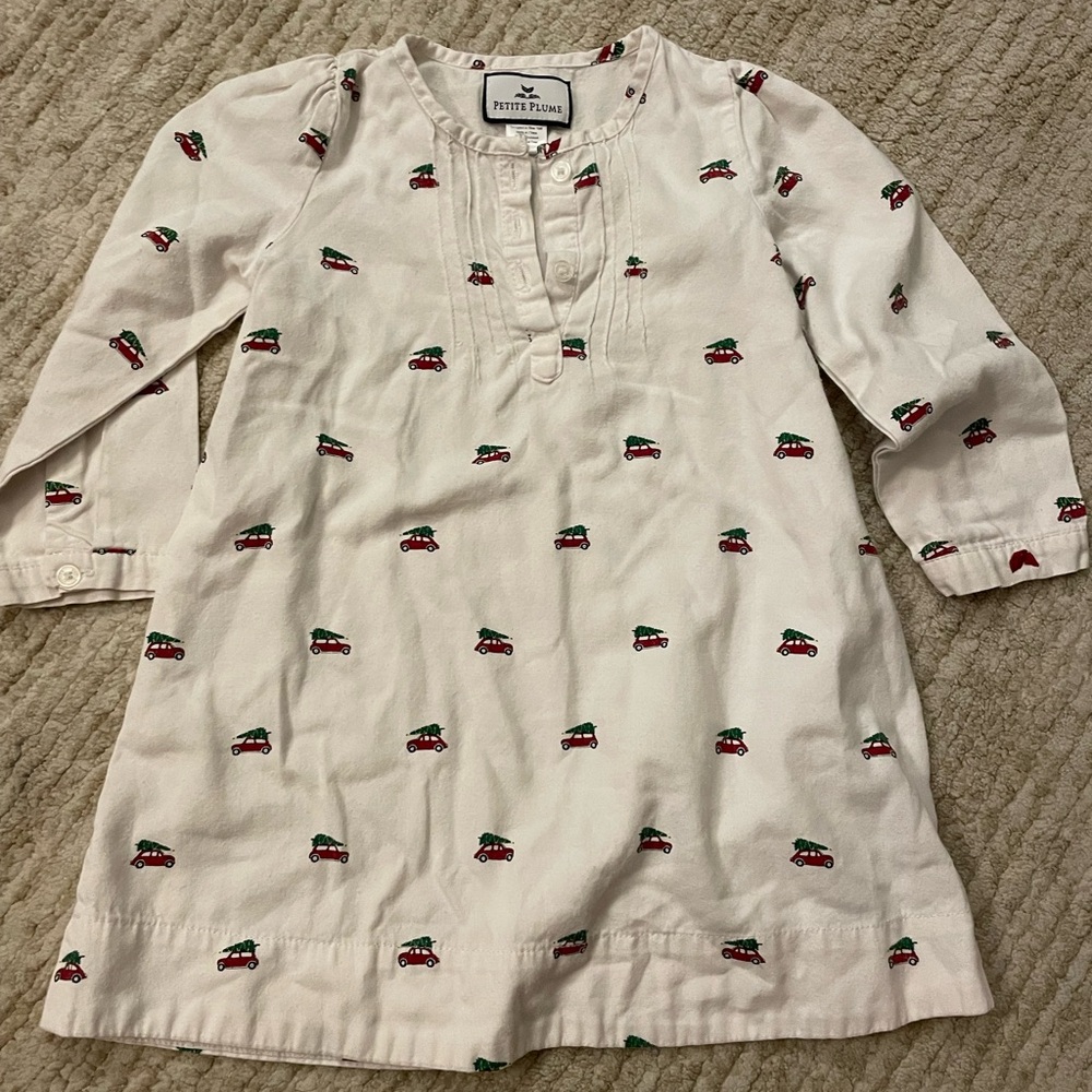 Petite Plume White Long-Sleeve Nightgown with Red Car & Christmas Trees
